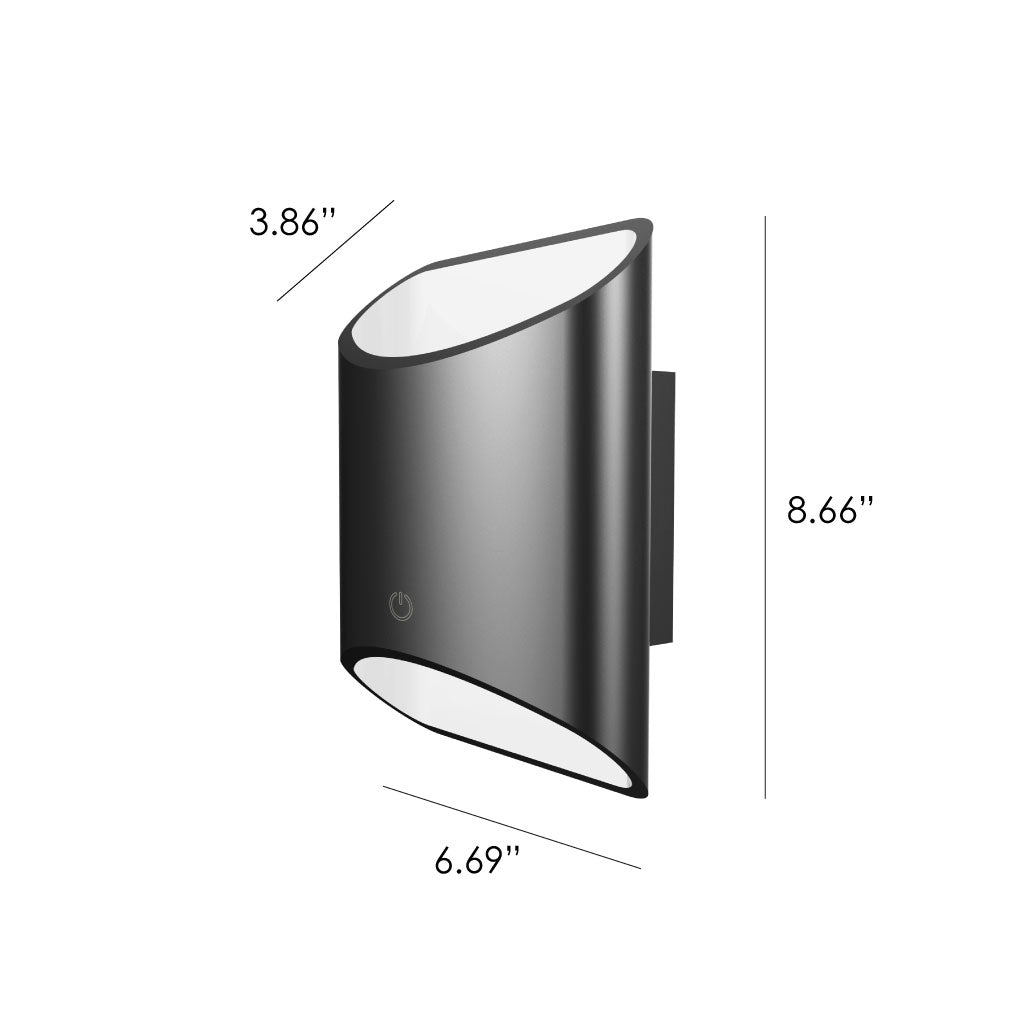 Image of the Brooklyn LED Wall Sconce with dimensions. The fixture is 8.66 inches tall by 6.69 inches wide by 3.86 inches deep.