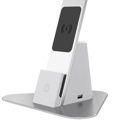 Close up image of the Brooklyn Aura LED Desk Lamp in Brushed Aluminum  finish using the optional stabilizing triangular base plate.