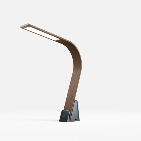 The modern wooden Brooklyn USB LED Task Lamp in Black Walnut finish, with USB charging on a white background