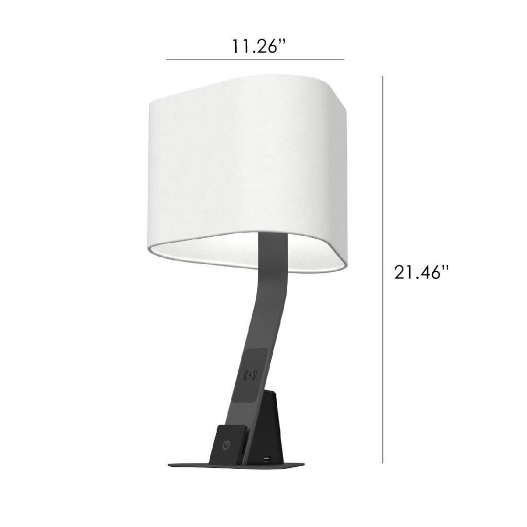 Image of the Brooklyn AURA LED Desk light with dimensions. The light is 11.26 inches wide by 21.46 inches tall.