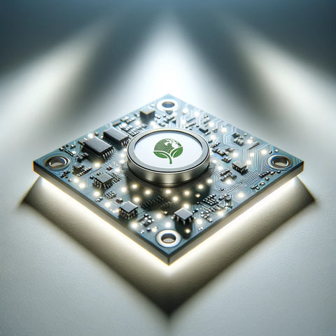 Modern, sleek printed circuit board with glowing LED lights, symbolizing innovative design and long-lasting performance. The white background features subtle eco-friendly elements like a small leaf, emphasizing sustainability.