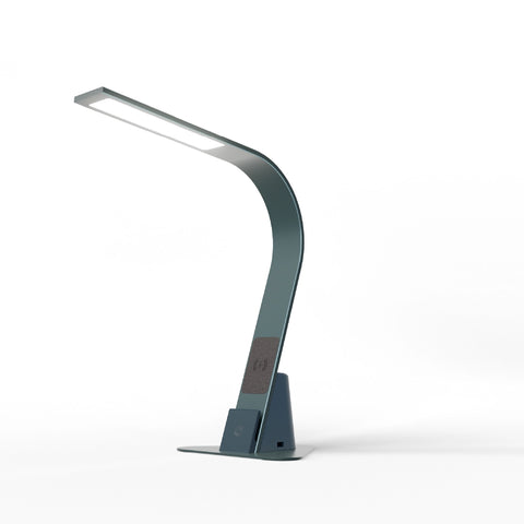 Brooklyn Aura LED Task Lamp in Black Slate with the optional triangular stabilizing base plate.