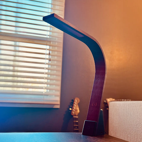 Modern touch-activated Brooklyn LED task lamp on a desk with a guitar and window blinds in the background. The USB-A and USB-C ports are showing.