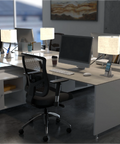 Brooklyn Aura LED Desk Lamps on a modern co-working desk. The lights are in Brushed Aluminum Finish