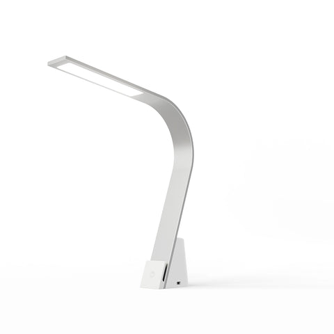 Brooklyn USB LED Task Lamp in Brushed Aluminum finish on a white background, a slim LED panel and even flicker-free warm white light.