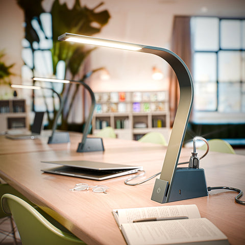 Three LUX Brooklyn LED Task Lamps on a library desk top. There is a laptop plugged into the universal AC sockets on the back demonstrating the light's many charging options.