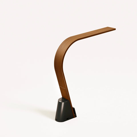 A rear view of the modern wooden Brooklyn USB LED Task Lamp in Black Walnut finish, with USB charging on a white background