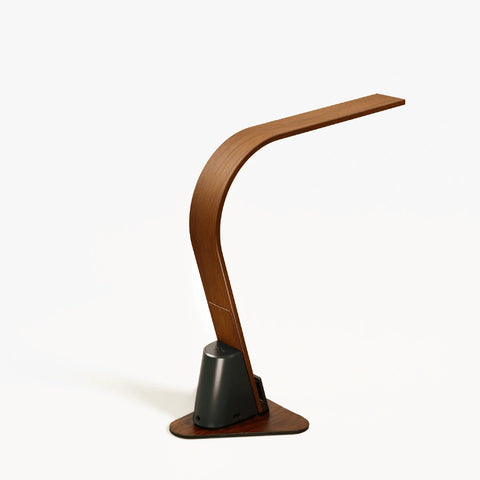 Rear view of the modern wooden Brooklyn USB LED Task Lamp in Black Walnut finish, with USB charging on a white background. The light is shown with the optional stabilizing base. 