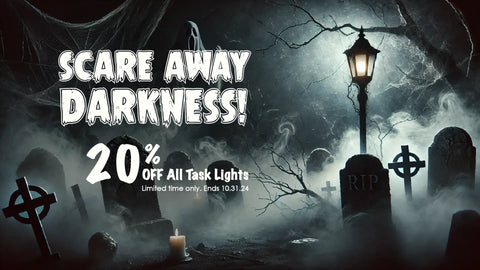 A photos a spooky graveyard at night. The text reads: "Scare Away Darkness!" 20% off all task lights. Limited time only. Ends 10.31.24