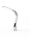 Brooklyn Aura LED Task Lamp in Brushed Aluminum, featuring felt qi charging pad for wireless device charging.