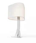 Brooklyn USB LED Desk Lamp in Brushed Aluminum finish on a white background, featuring warm white glowing light, USB ports and a fine linen shade.