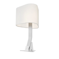 Brooklyn USB LED desk lamp in Brushed Aluminum with an illuminated linen shade and visible USB ports.