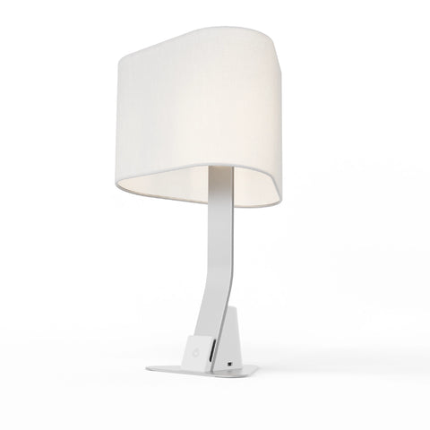 Brooklyn USB LED Desk Lamp in Brushed Aluminum finish on a white background, featuring warm white glowing light, USB ports and a fine linen shade.