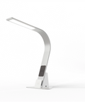 Brooklyn Aura LED Task Lamp in Brushed Aluminum with the optional triangular stabilizing base plate.