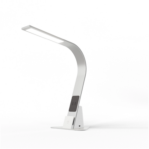 Brooklyn Aura LED Task Lamp in Brushed Aluminum with the optional triangular stabilizing base plate.