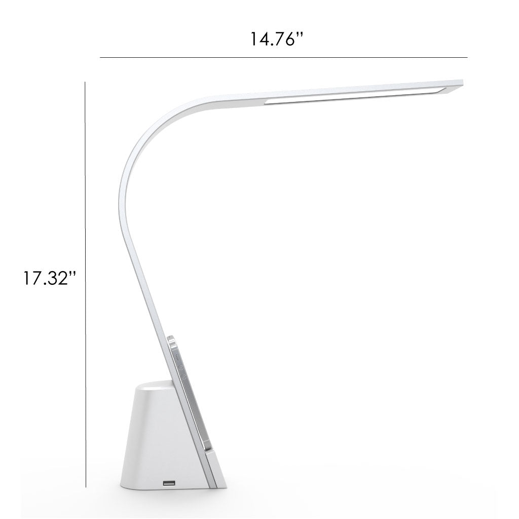 Image of the Brooklyn AURA LED Desk light with dimensions. The light is 14.76 inches wide by 17.32 inches tall. 