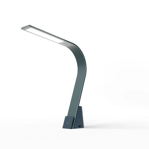 Brooklyn USB LED Task Light in Black Slate showing touch-sensitive brightness control and USB-A and USB-C ports.