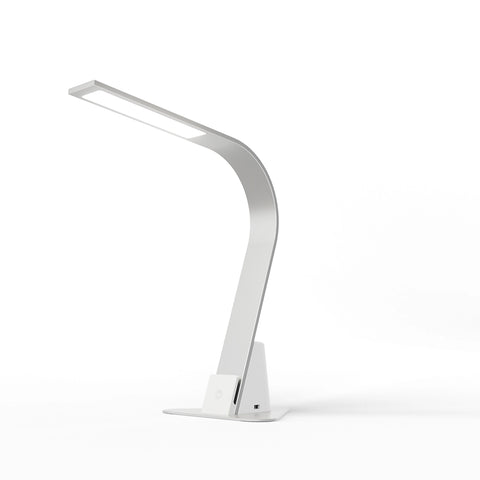 Brooklyn USB LED Task Light in Brushed Aluminum with optional stabilizing base and built-in USB charging on a white background.
