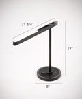 Image of the Highline LED Desk light with dimensions. The light head is 21.75 inches long by 19 inches tall, and the circular base is 8 inches in diameter.