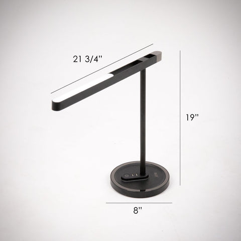 Image of the Highline LED Desk light with dimensions. The light head is 21.75 inches long by 19 inches tall, and the circular base is 8 inches in diameter.