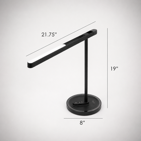 Highline USB LED Desk Lamp dimensions showing 19 in height, 21.75 in light head length, and 8 in base diameter.