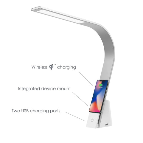 Brooklyn Aura LED Task Lamp with several text call outs showcasing the Qi Wireless Charging, Integrated device mount, and 1 USB-A and 1 USB-C ports.