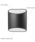 Diagram of features on a Brooklyn LED wall sconces including that it has touch activation, 600 lumens, and evenly casts light