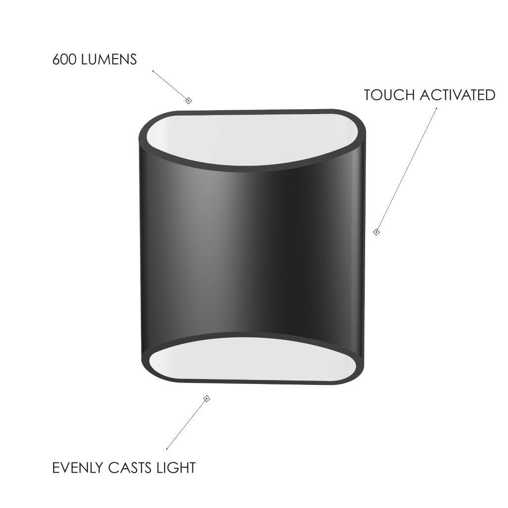 Diagram of features on a Brooklyn LED wall sconces including that it has touch activation, 600 lumens, and evenly casts light