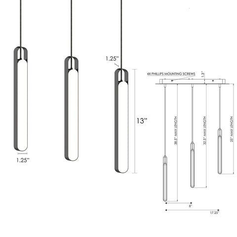 LUX LED Triple Pendant Light with design dimensions - Highline Collection