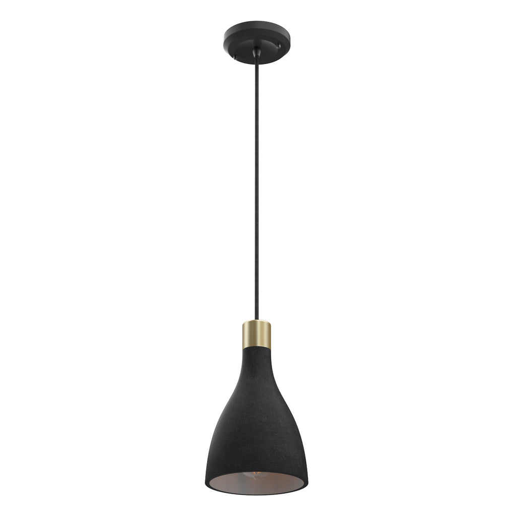 Side view of a charcoal La Brea LED pendant light with brass accent