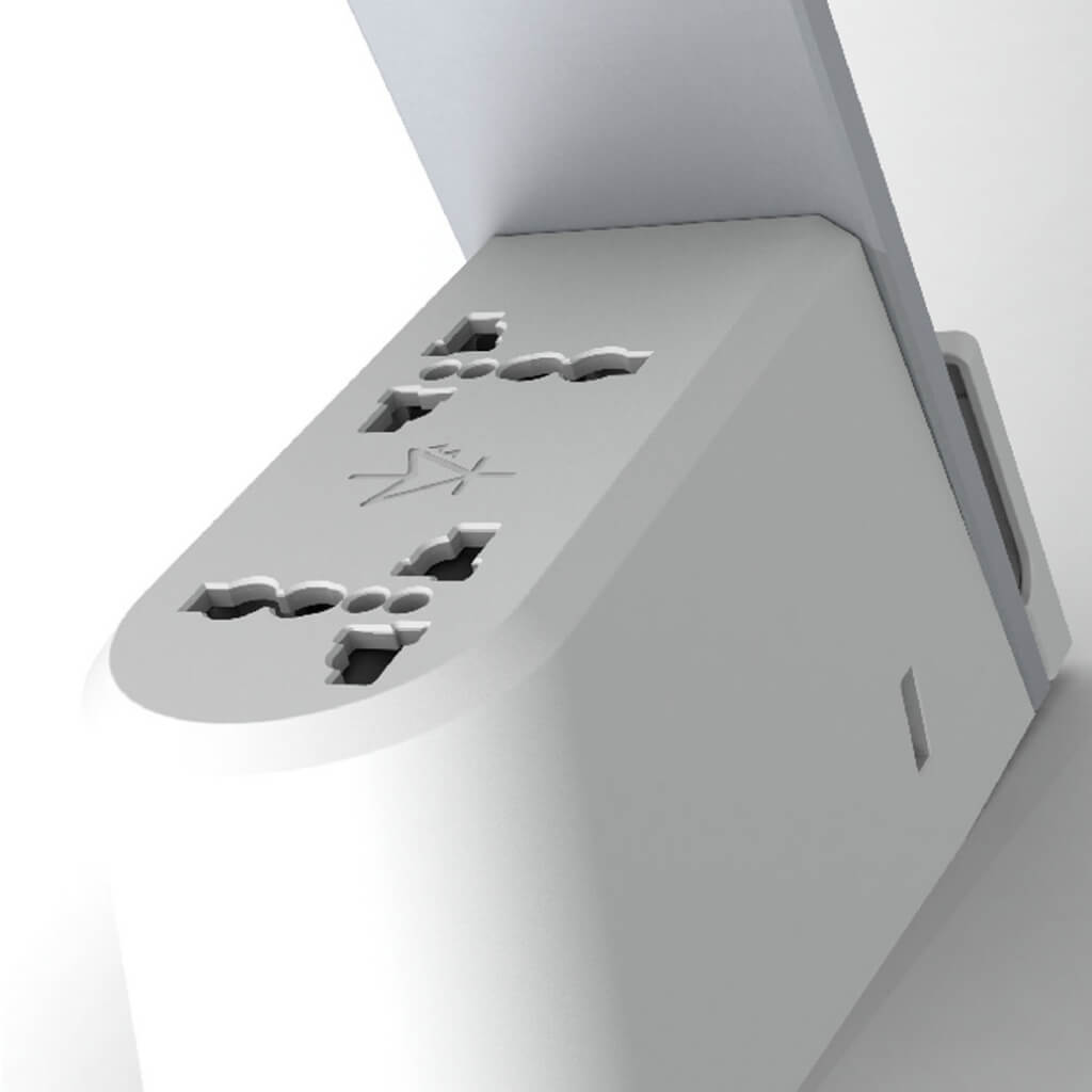 Two Universal AC sockets upon the top of the Brooklyn LED Task Lamp's base. This is the AC model.